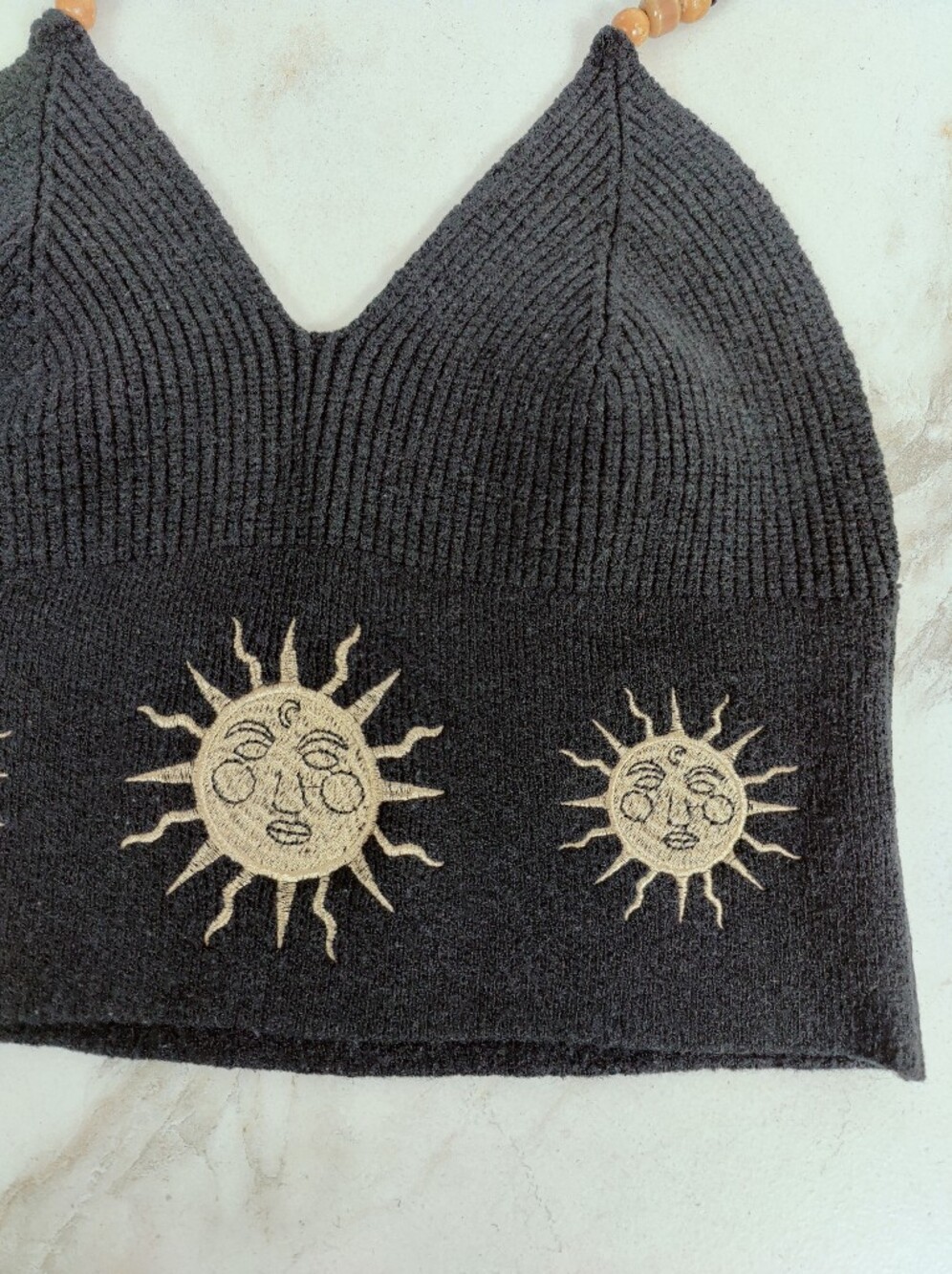 Hippie Embroidered Sun Black Knit Halter Top, Sz S - Picture 5 of 13